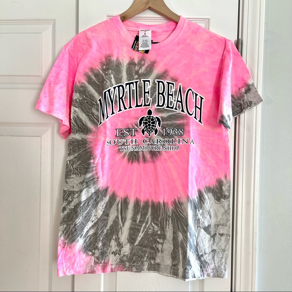 Myrtle Beach Pink Gray Tie Dye Tsunami Surf Shop Souvenir Cotton T Shirt Size M